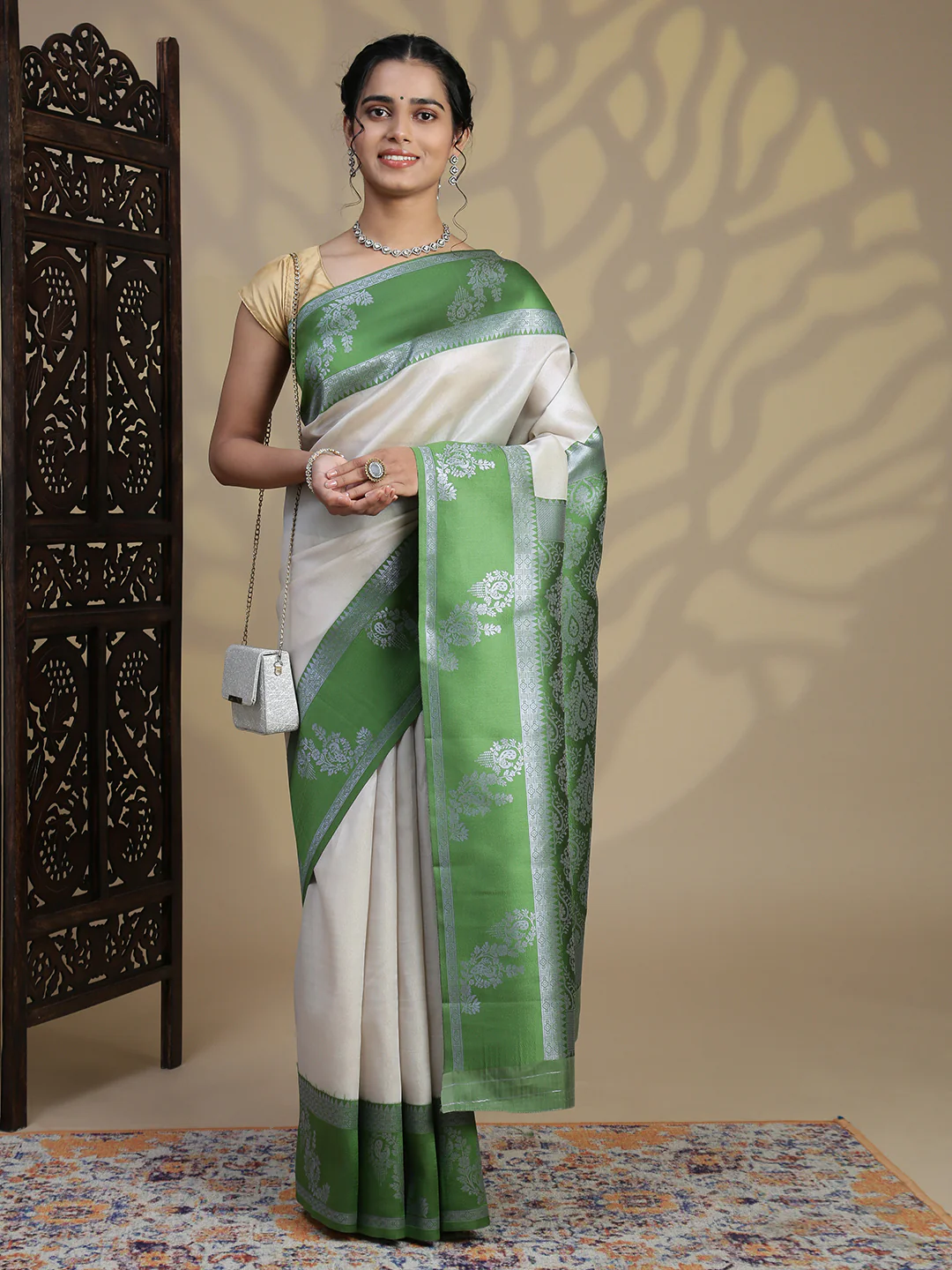 Women Silver Tissue Saree with Green Border TS63 - Image 3