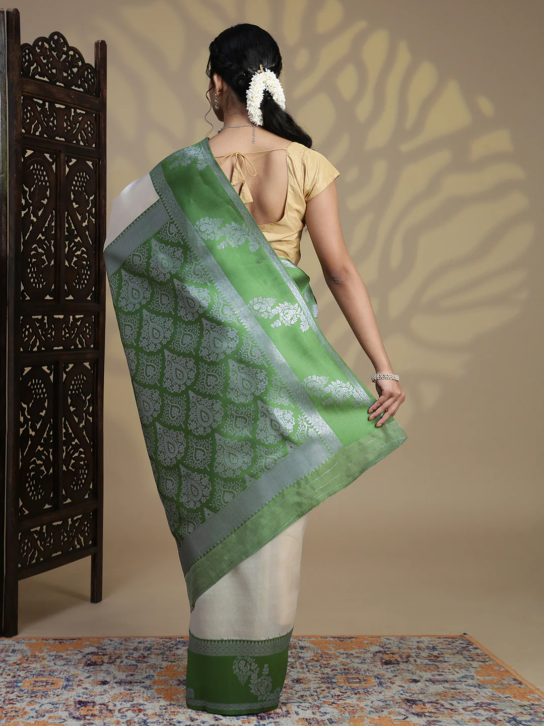 Women Silver Tissue Saree with Green Border TS63 - Image 4