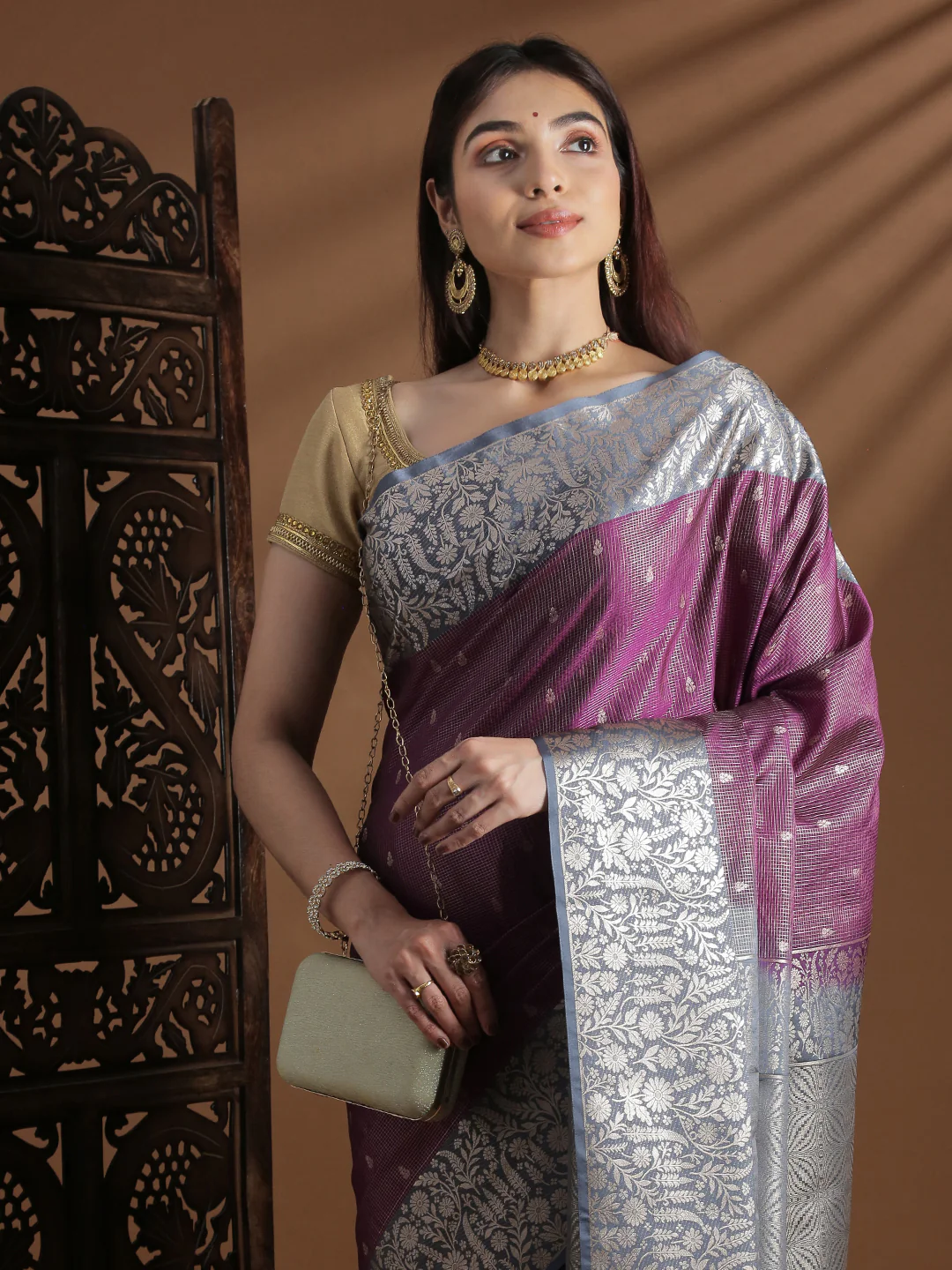Women Soft Silk Saree Dark Violet SS417 - Image 2