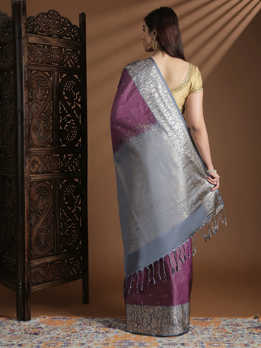 Women Soft Silk Saree Dark Violet SS417 - Image 3