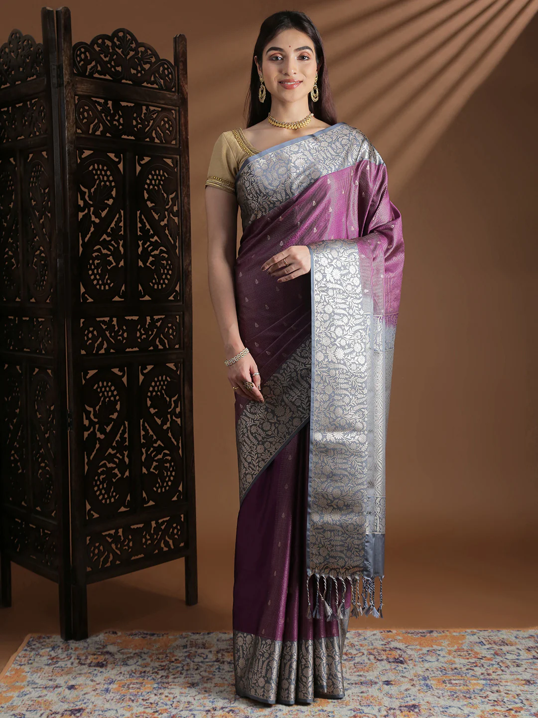 Women Soft Silk Saree Dark Violet SS417 - Image 4