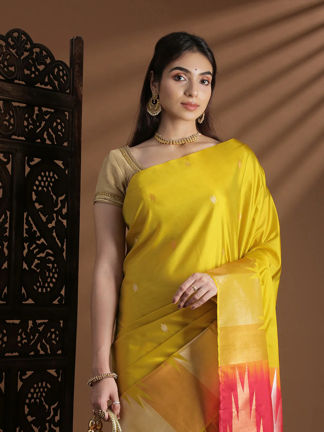 Women Soft Silk Saree Golden Yellow SS415 - Image 2