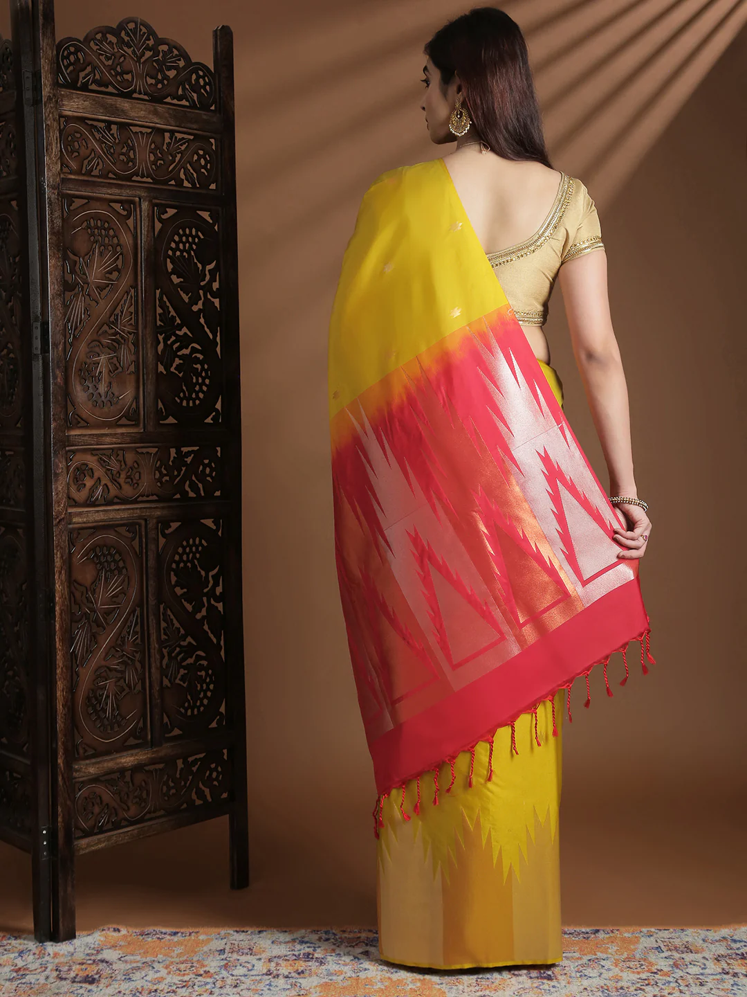 Women Soft Silk Saree Golden Yellow SS415 - Image 3