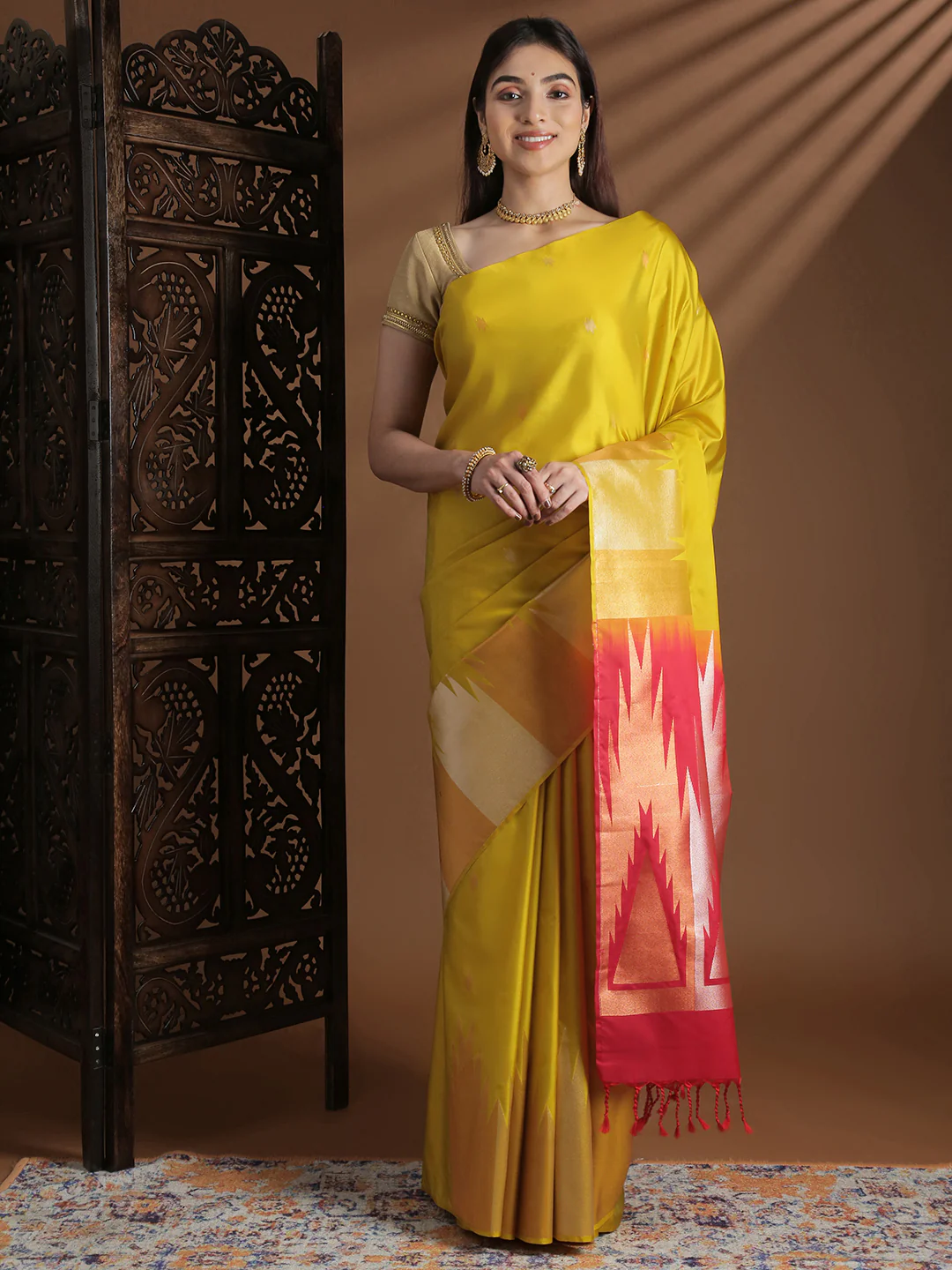 Women Soft Silk Saree Golden Yellow SS415 - Image 4