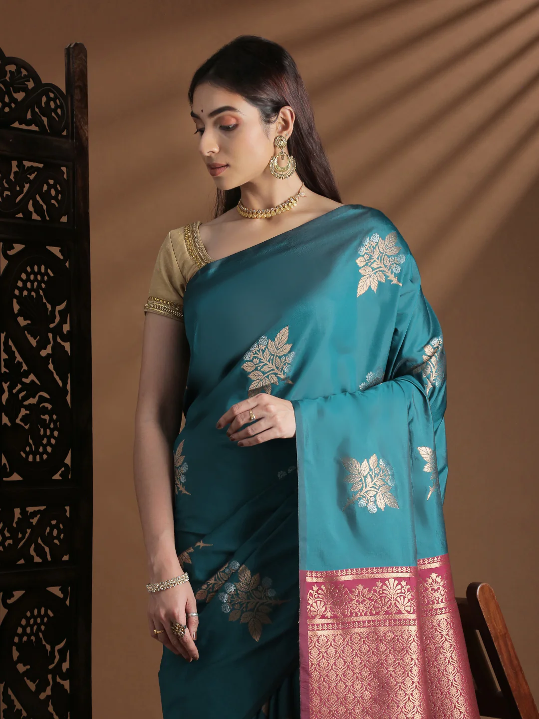 Women Soft Silk Saree Jungle Green SS412 - Image 2