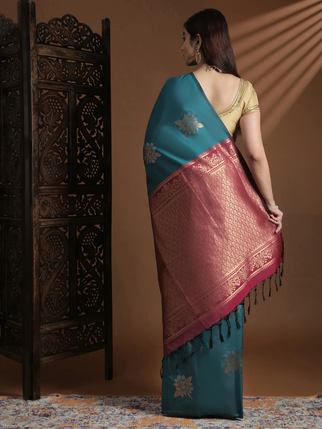 Women Soft Silk Saree Jungle Green SS412 - Image 3
