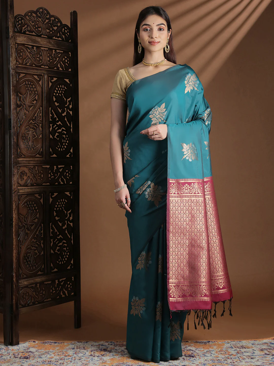 Women Soft Silk Saree Jungle Green SS412 - Image 4