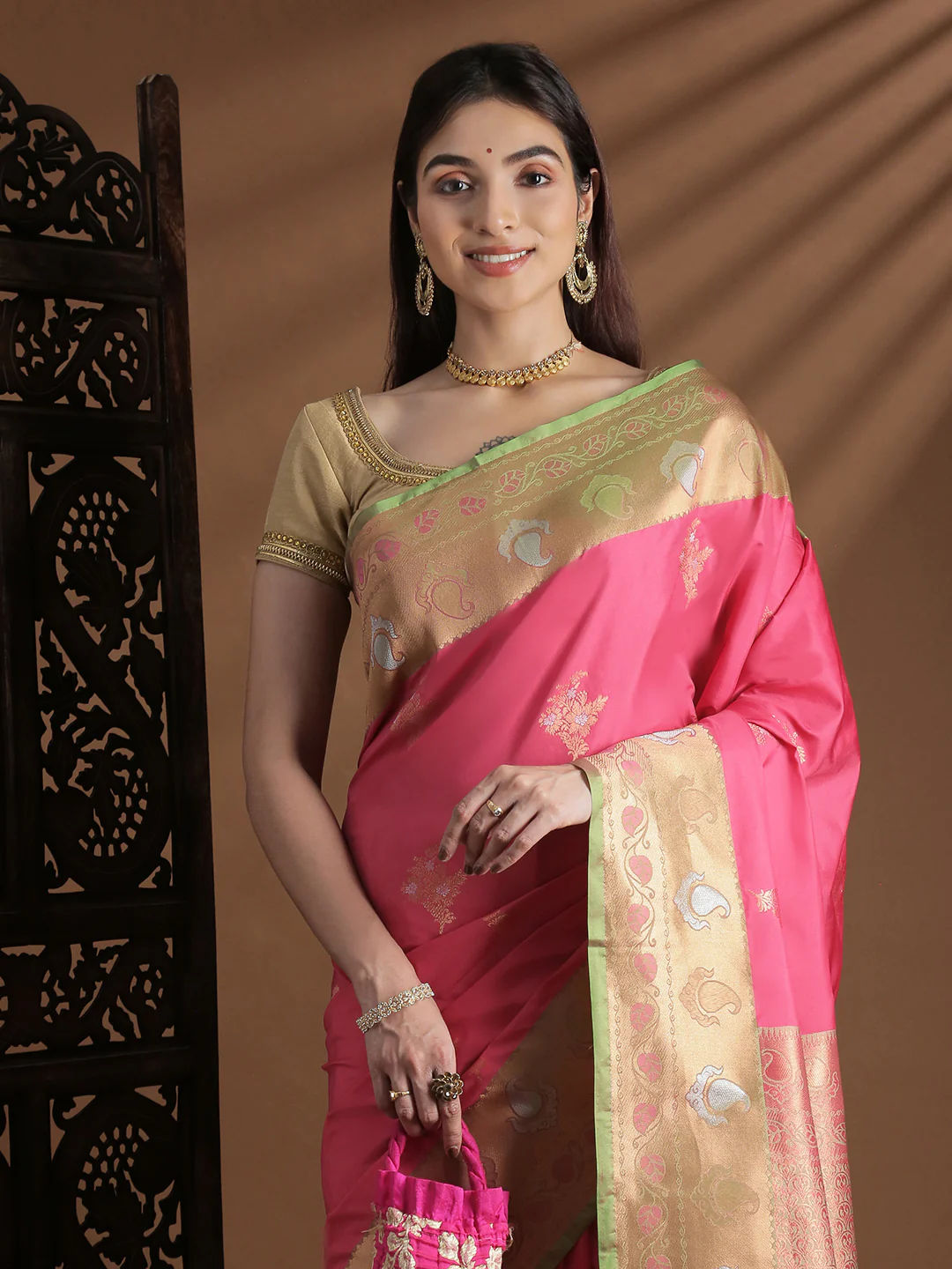 Women Soft Silk Saree Pink SS413 - Image 2
