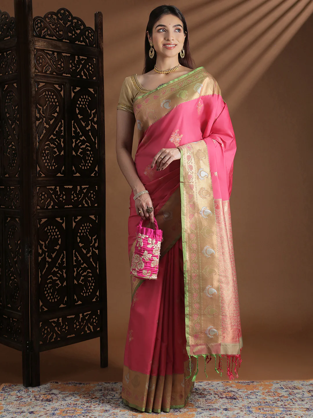 Women Soft Silk Saree Pink SS413 - Image 4