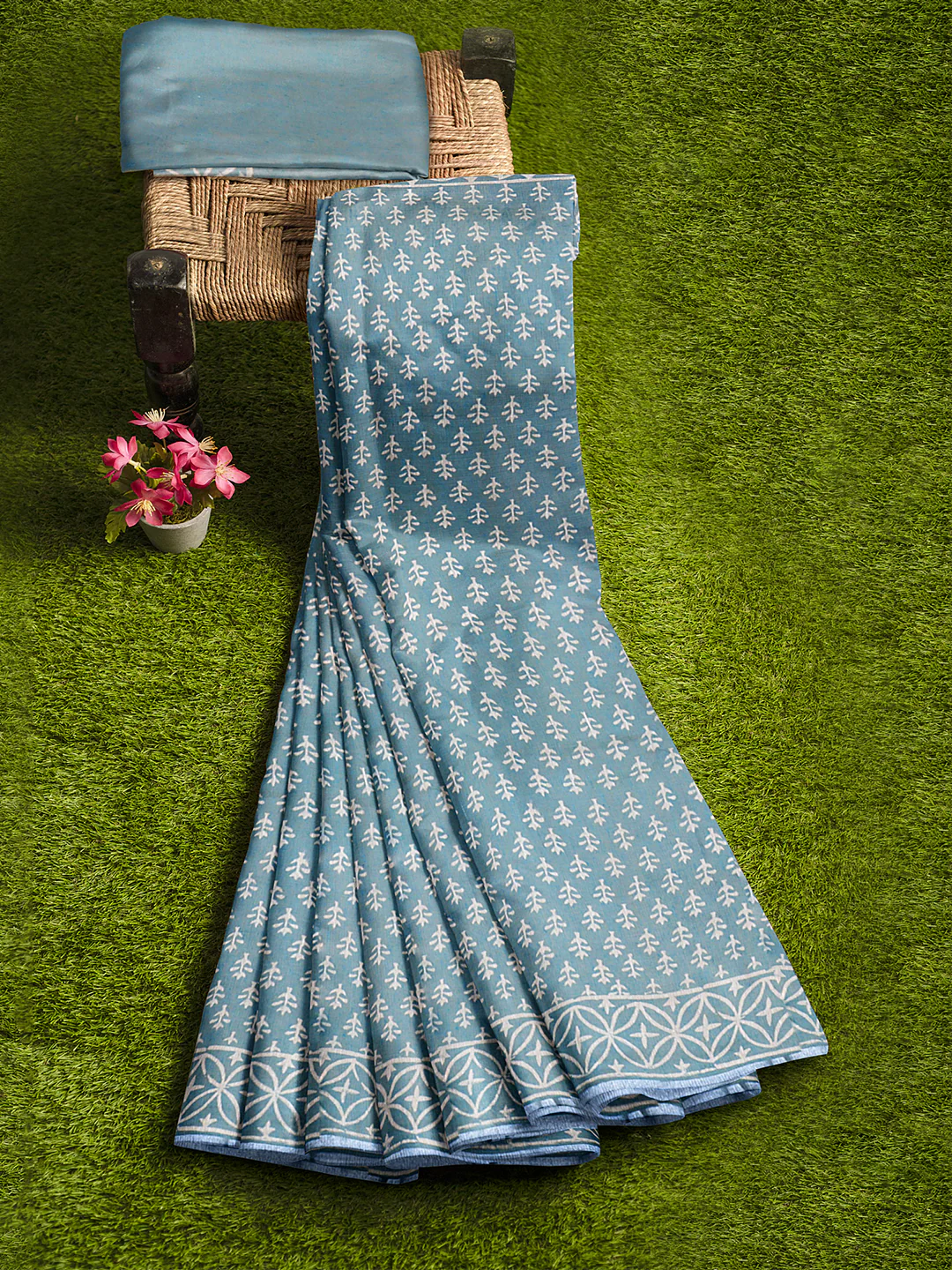Women Teal Blue Semi Tussar Printed Saree ST304 - Image 2