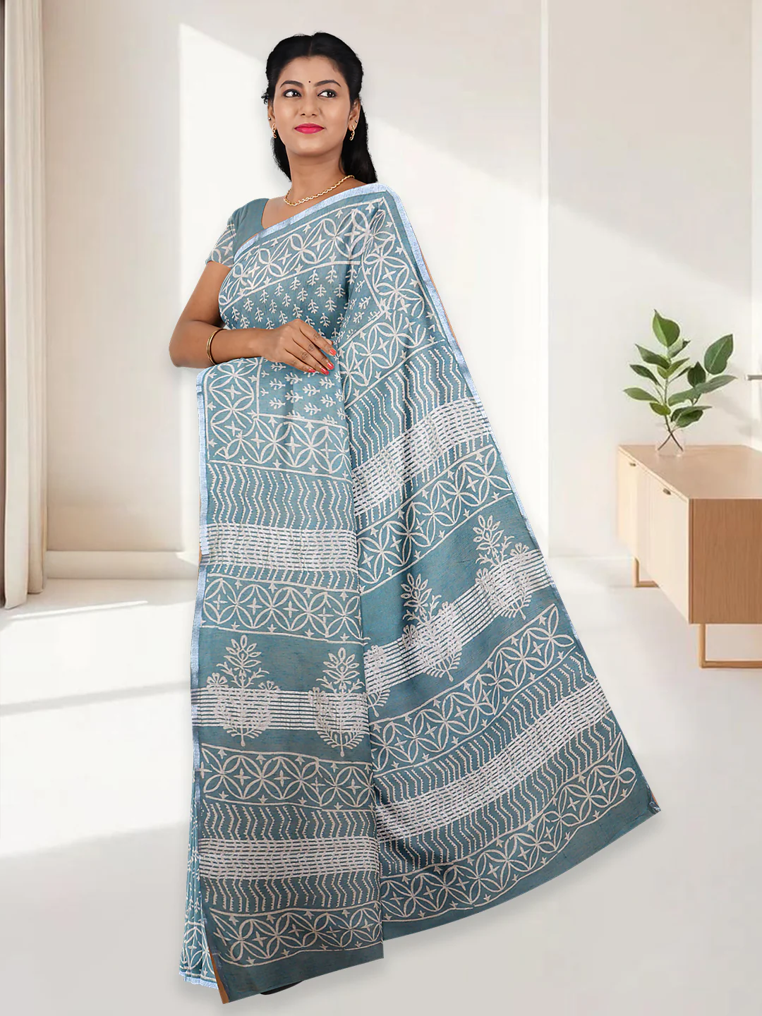 Women Teal Blue Semi Tussar Printed Saree ST304 - Image 3