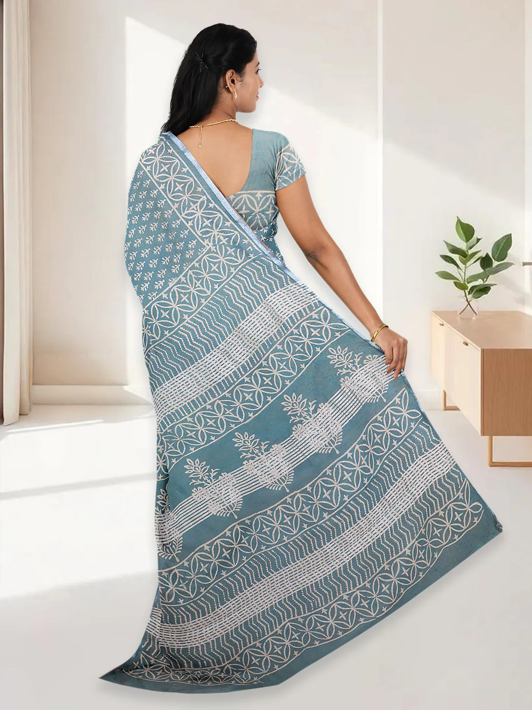 Women Teal Blue Semi Tussar Printed Saree ST304 - Image 4