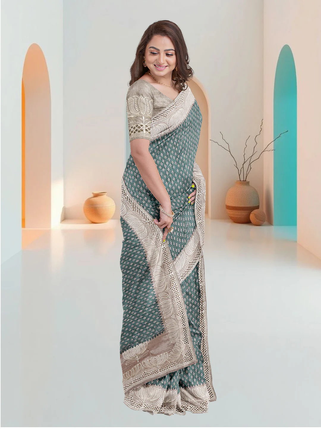 Women Teal Blue Semi Tussar Saree ST274 - Image 2