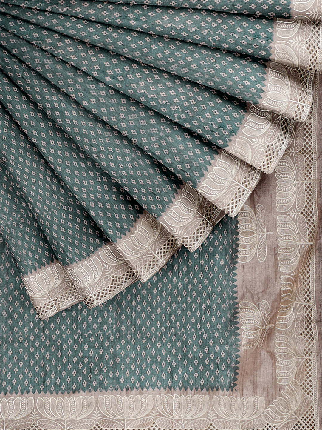Women Teal Blue Semi Tussar Saree ST274 - Image 3