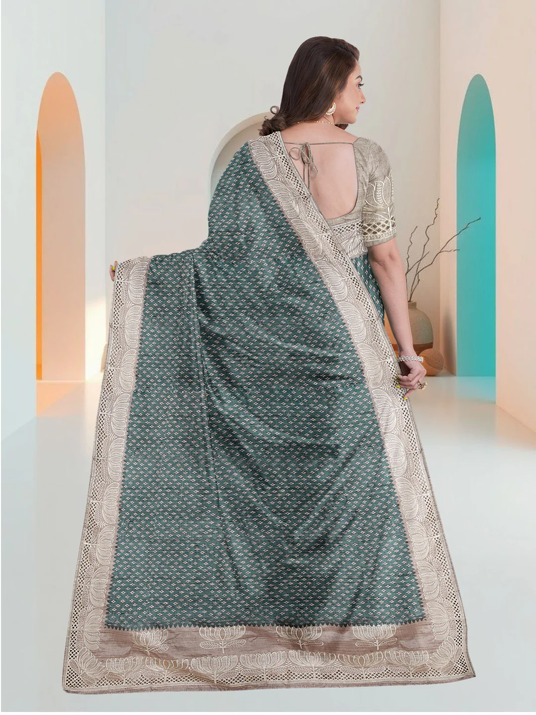 Women Teal Blue Semi Tussar Saree ST274 - Image 5