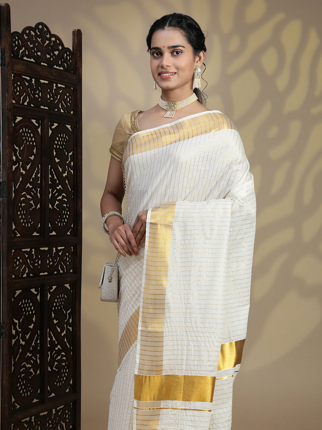 Women Traditional Kerala Cream Stripes Saree KS228 - Image 3