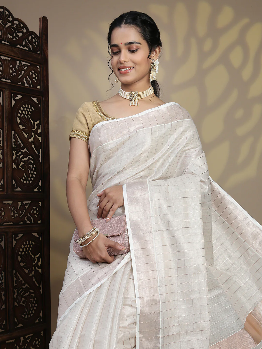 Women Kerala Tissue Checks Saree with Light Copper Border KS227 - Image 3