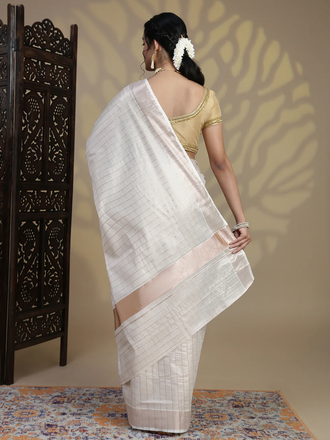 Women Kerala Tissue Checks Saree with Light Copper Border KS227 - Image 5