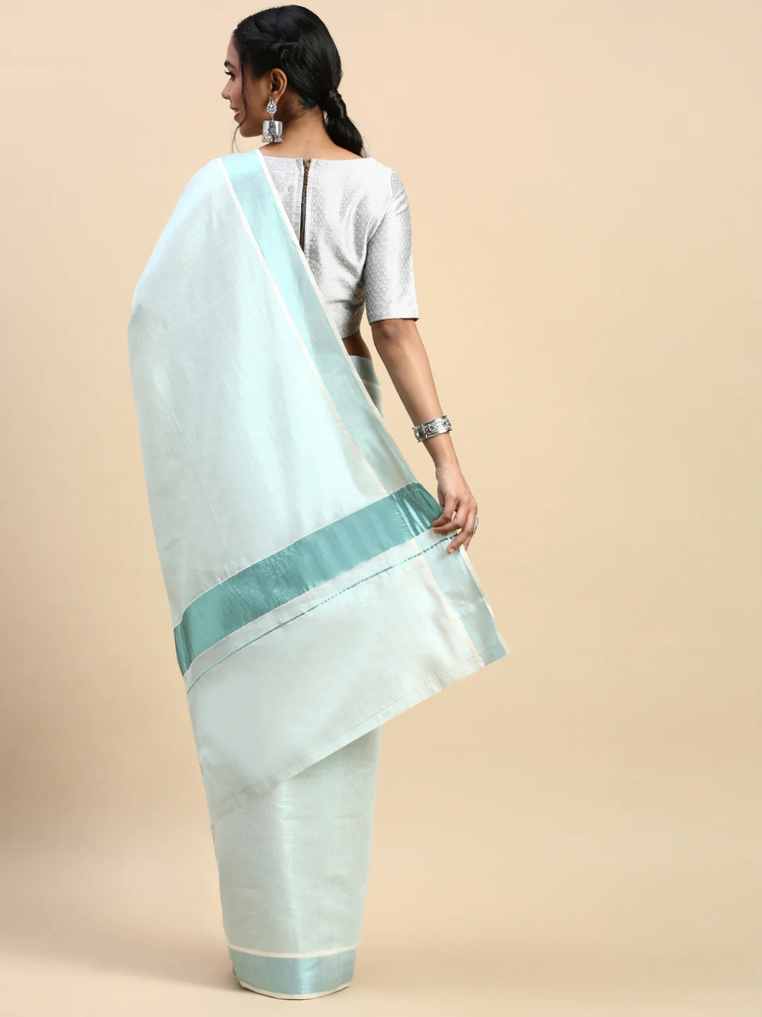 Women Traditional Kerala Tissue Cyan Blue Plain Saree KS217 - Image 4