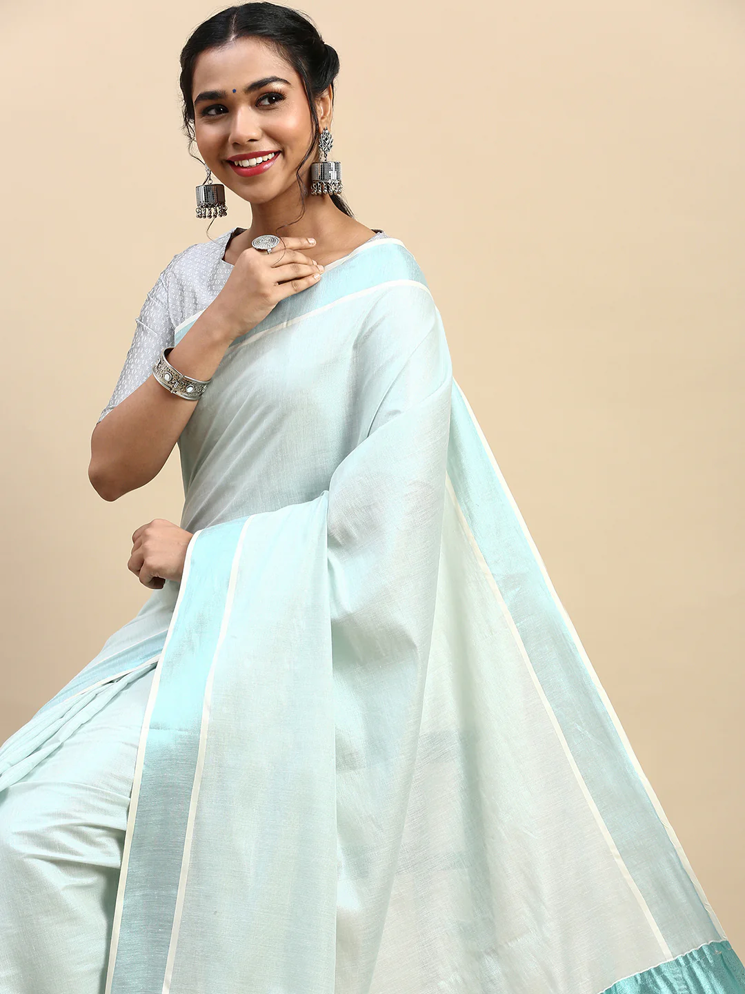 Women Traditional Kerala Tissue Cyan Blue Plain Saree KS217 - Image 7