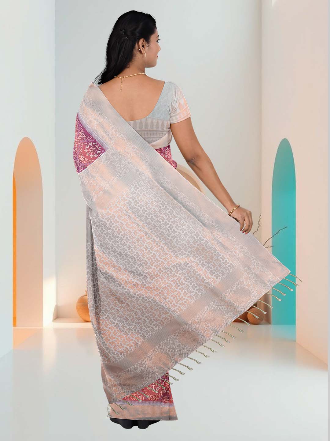 Women Grape with Green Art Silk Printed Saree ASS57 - Image 5