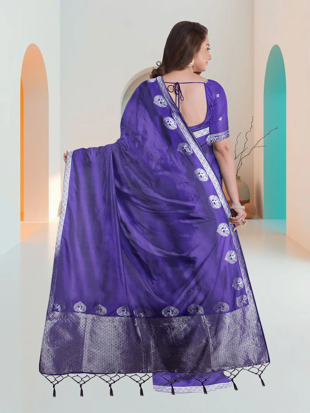 Women Violet Art Silk Printed Saree ASS89 - Image 5