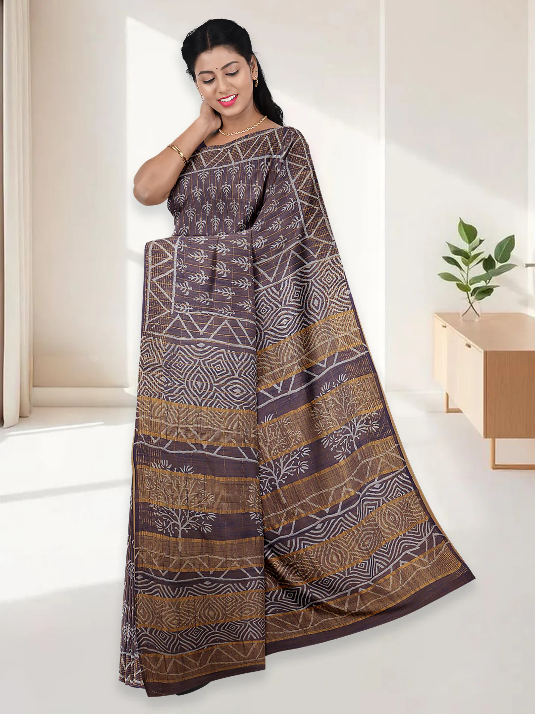 Women Violet Semi Linen Saree SL229 - Image 2