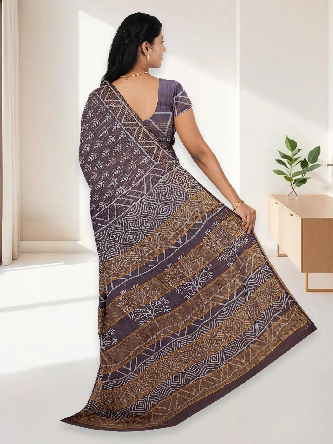 Women Violet Semi Linen Saree SL229 - Image 3