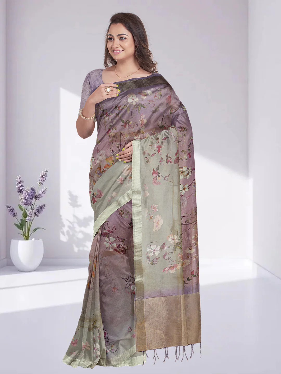 Women Violet Tissue Printed Saree TS45 - Image 3
