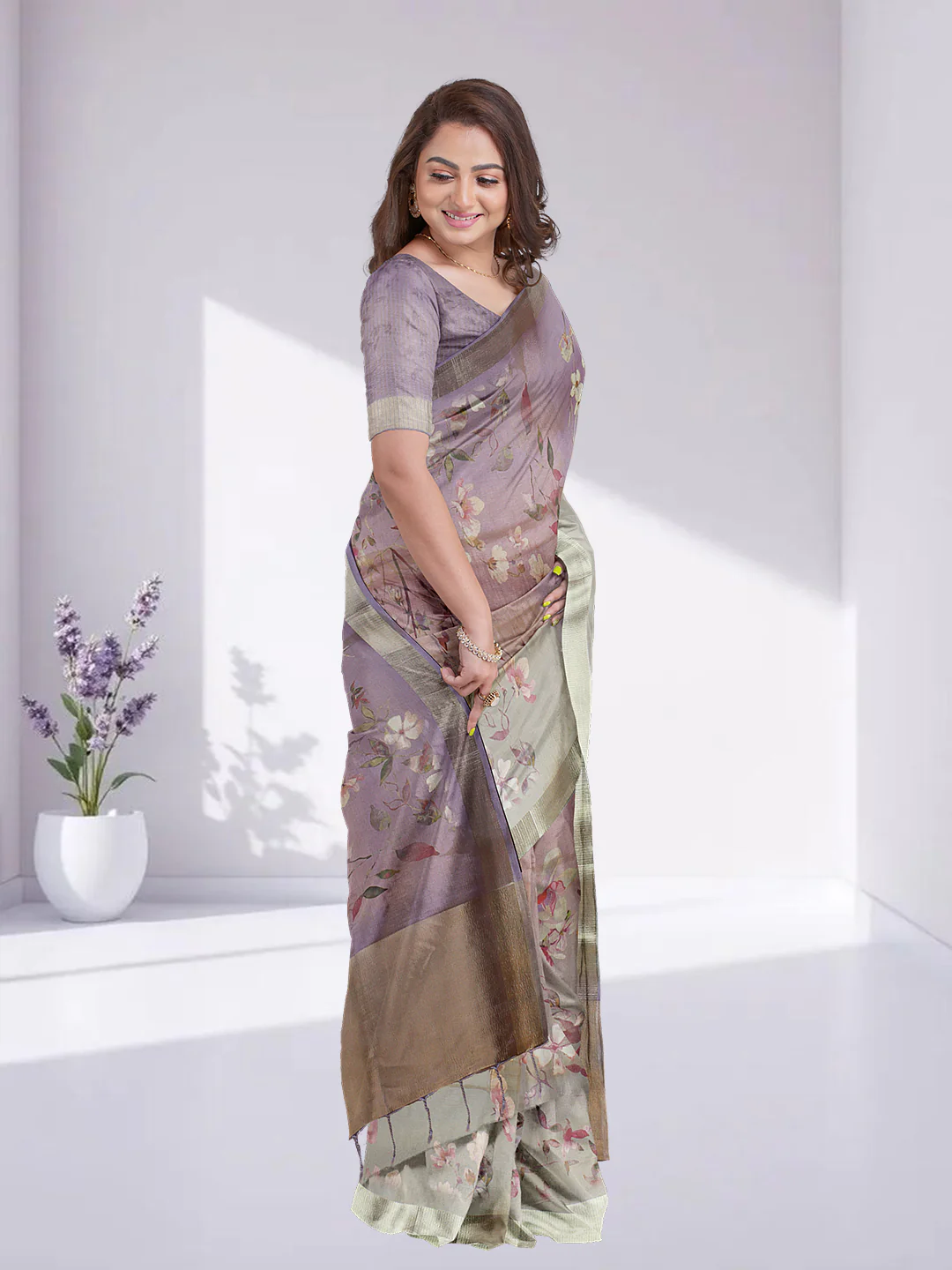 Women Violet Tissue Printed Saree TS45 - Image 4