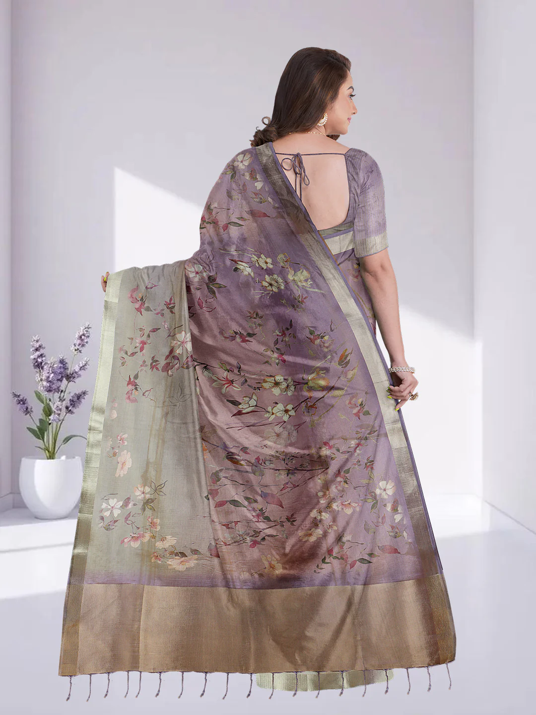Women Violet Tissue Printed Saree TS45 - Image 6