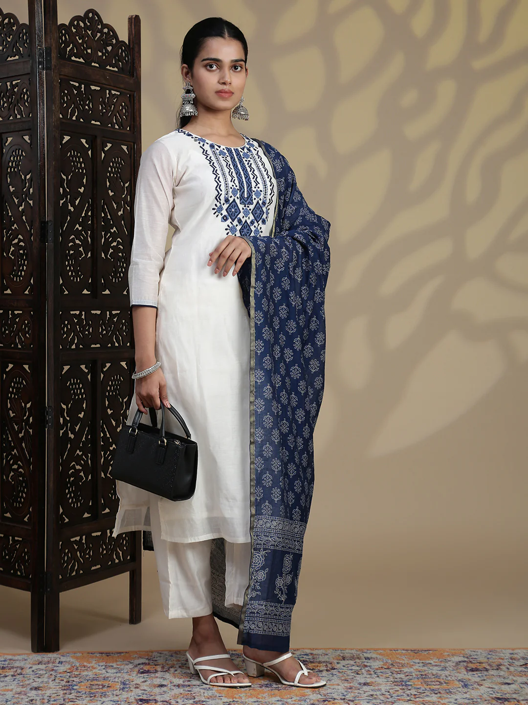 Women Cream MM Silk Printed Kurti Set EKS126 - Image 2