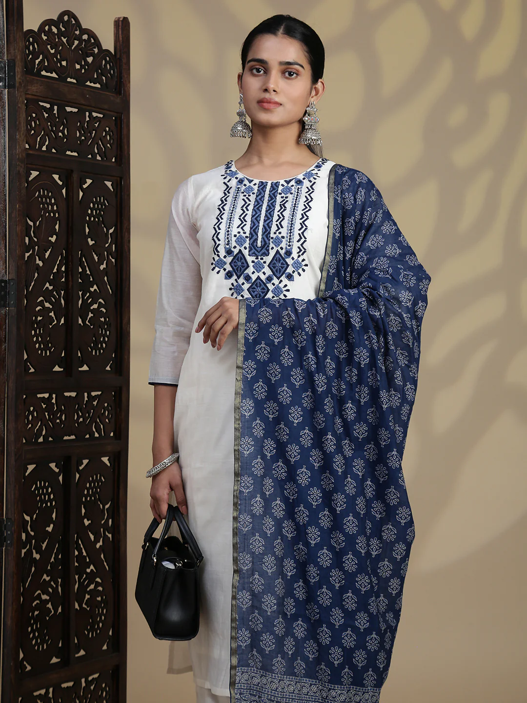 Women Cream MM Silk Printed Kurti Set EKS126 - Image 3