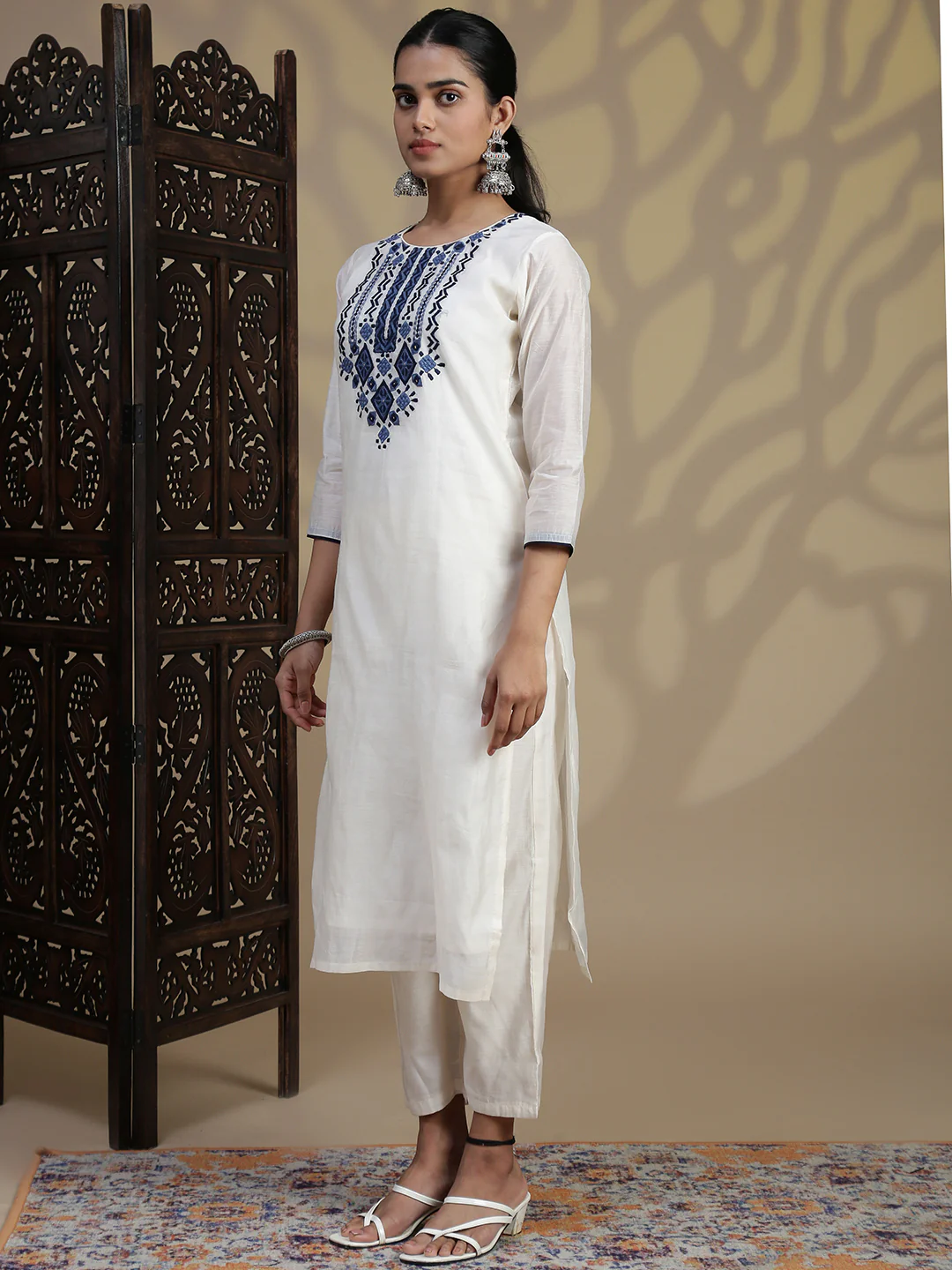 Women Cream MM Silk Printed Kurti Set EKS126 - Image 5