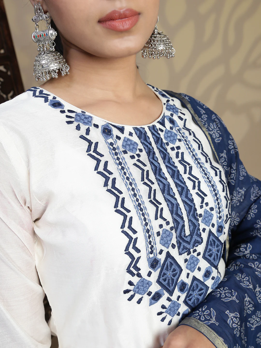 Women Cream MM Silk Printed Kurti Set EKS126 - Image 7