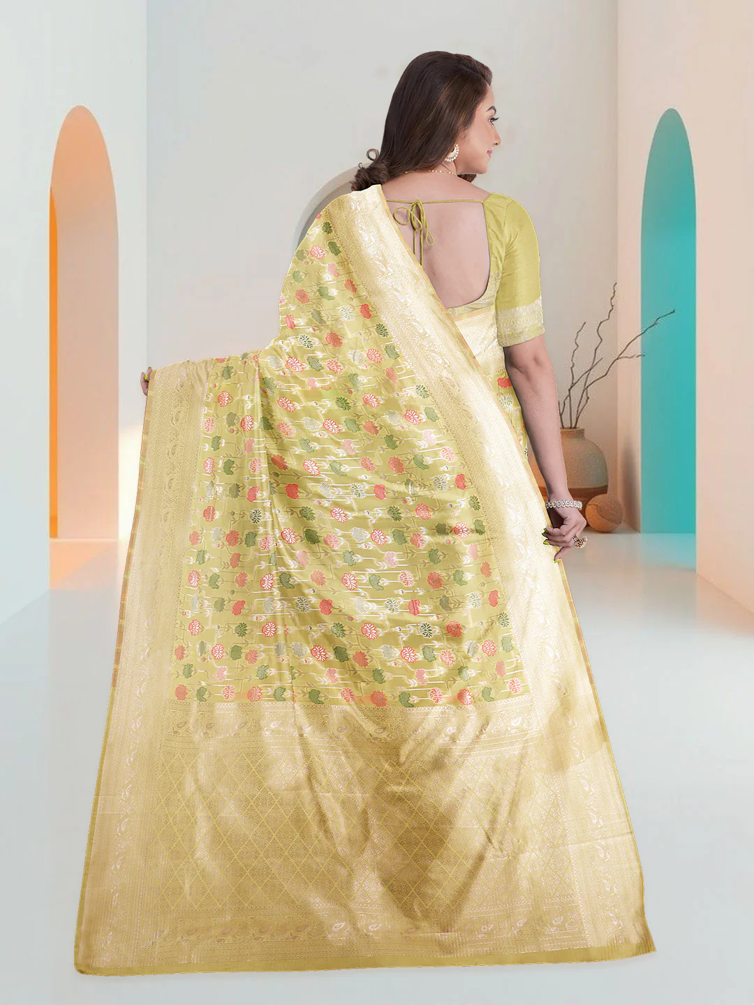 Women Yellow Art Silk Printed Saree ASS80 - Image 3