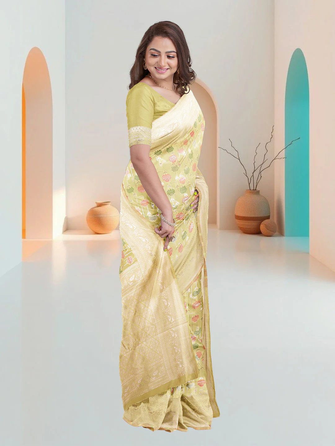 Women Yellow Art Silk Printed Saree ASS80 - Image 4
