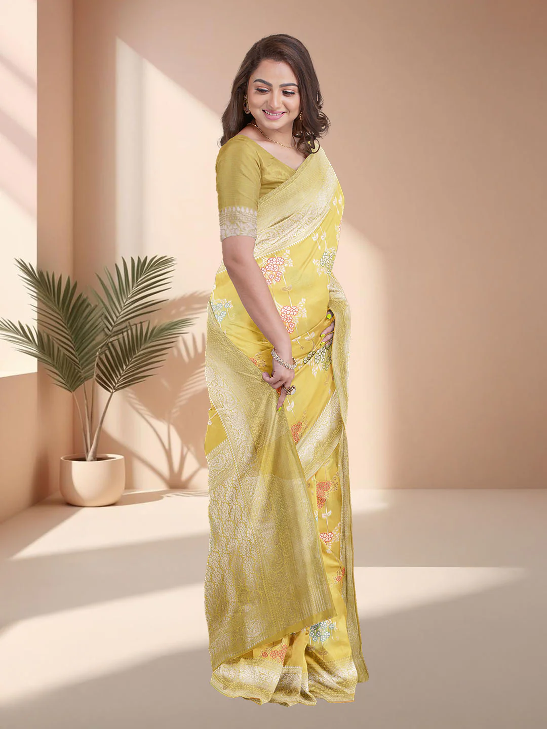 Women Yellow Art Silk Printed Saree ASS81 - Image 3