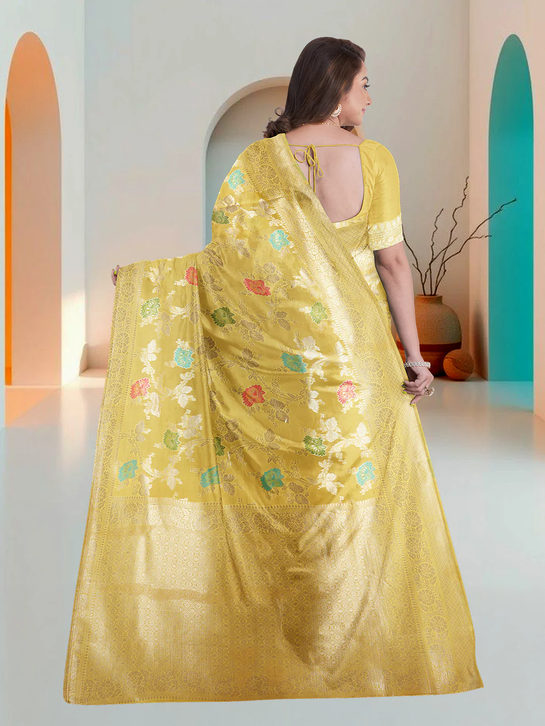 Women Yellow Art Silk Printed Saree ASS83 - Image 5