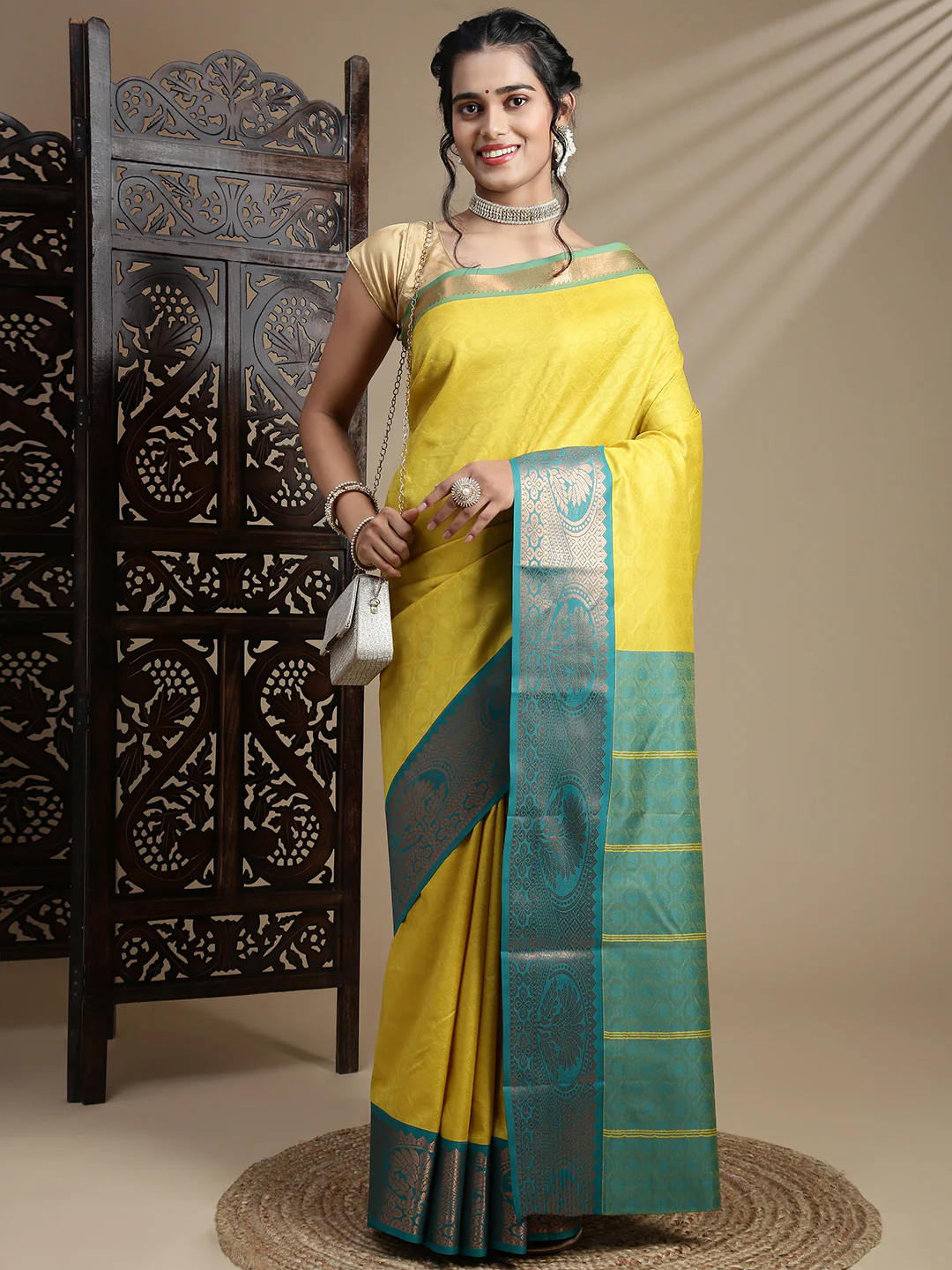 Women Yellow with Green Art Silk Saree ASS113 - Image 2