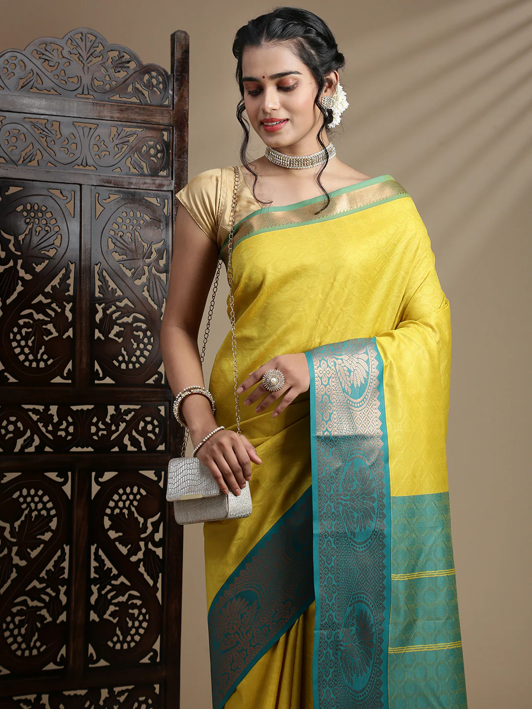 Women Yellow with Green Art Silk Saree ASS113 - Image 3