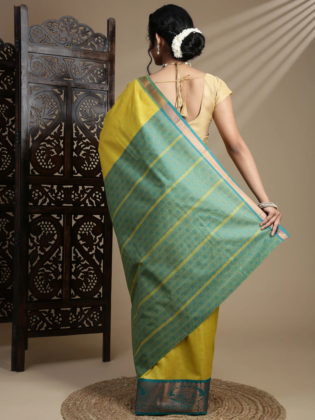Women Yellow with Green Art Silk Saree ASS113 - Image 4