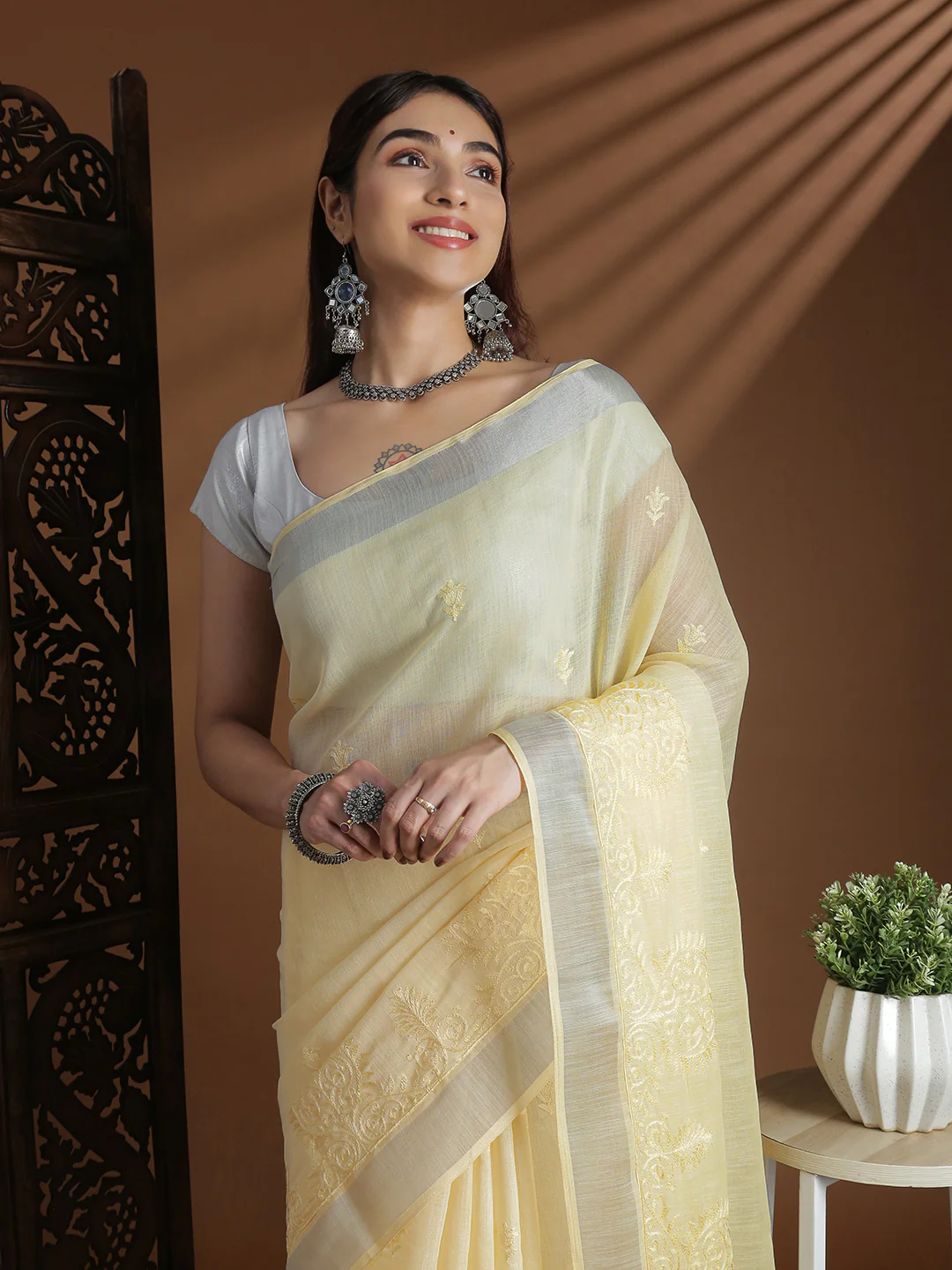 Women Yellow Semi Linen Embroidered Saree SL242 - Image 2