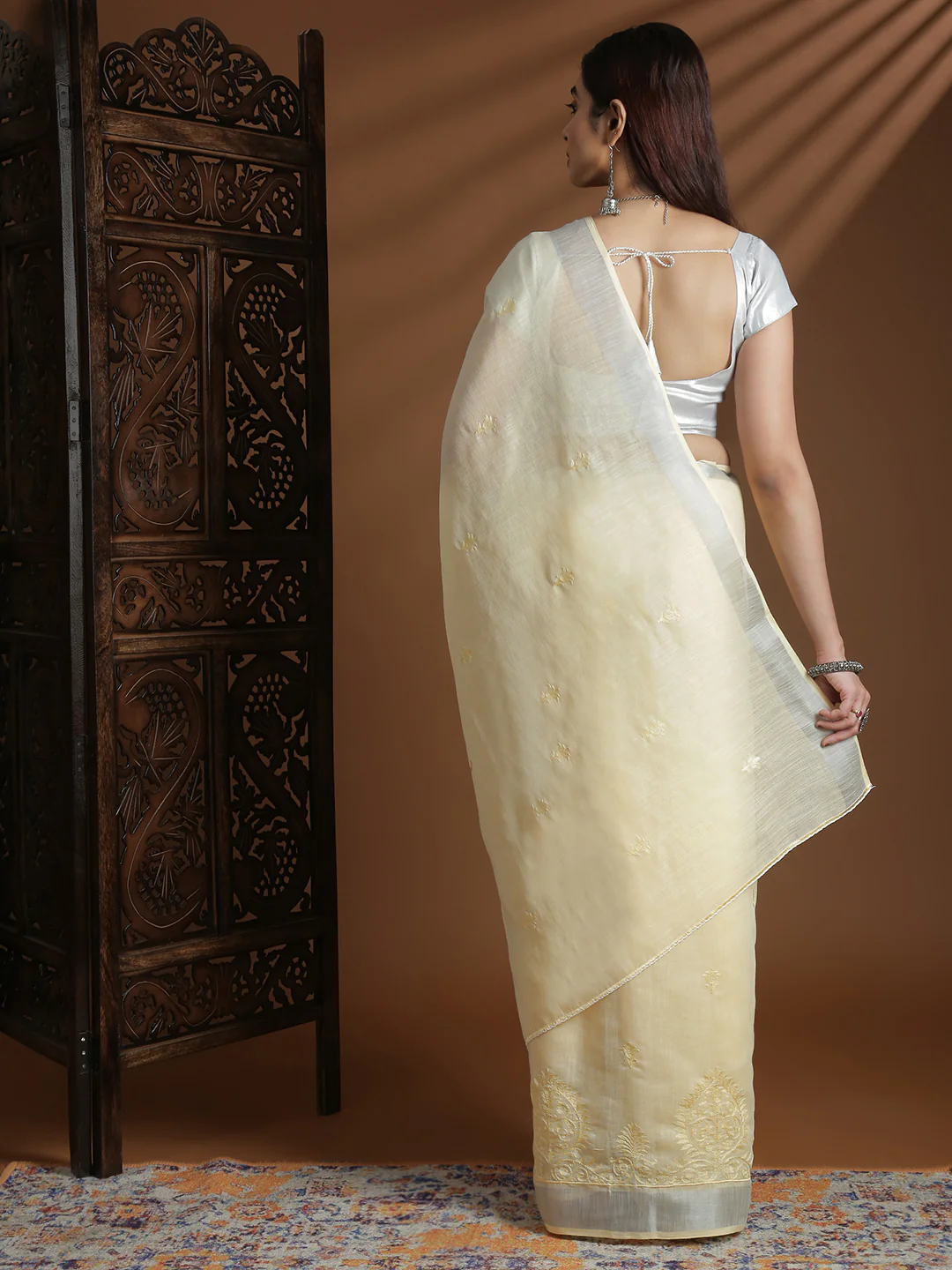 Women Yellow Semi Linen Embroidered Saree SL242 - Image 3