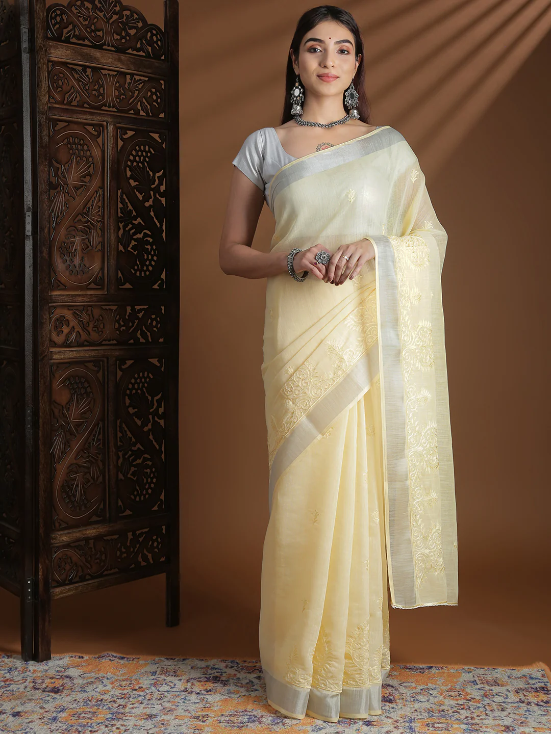 Women Yellow Semi Linen Embroidered Saree SL242 - Image 7