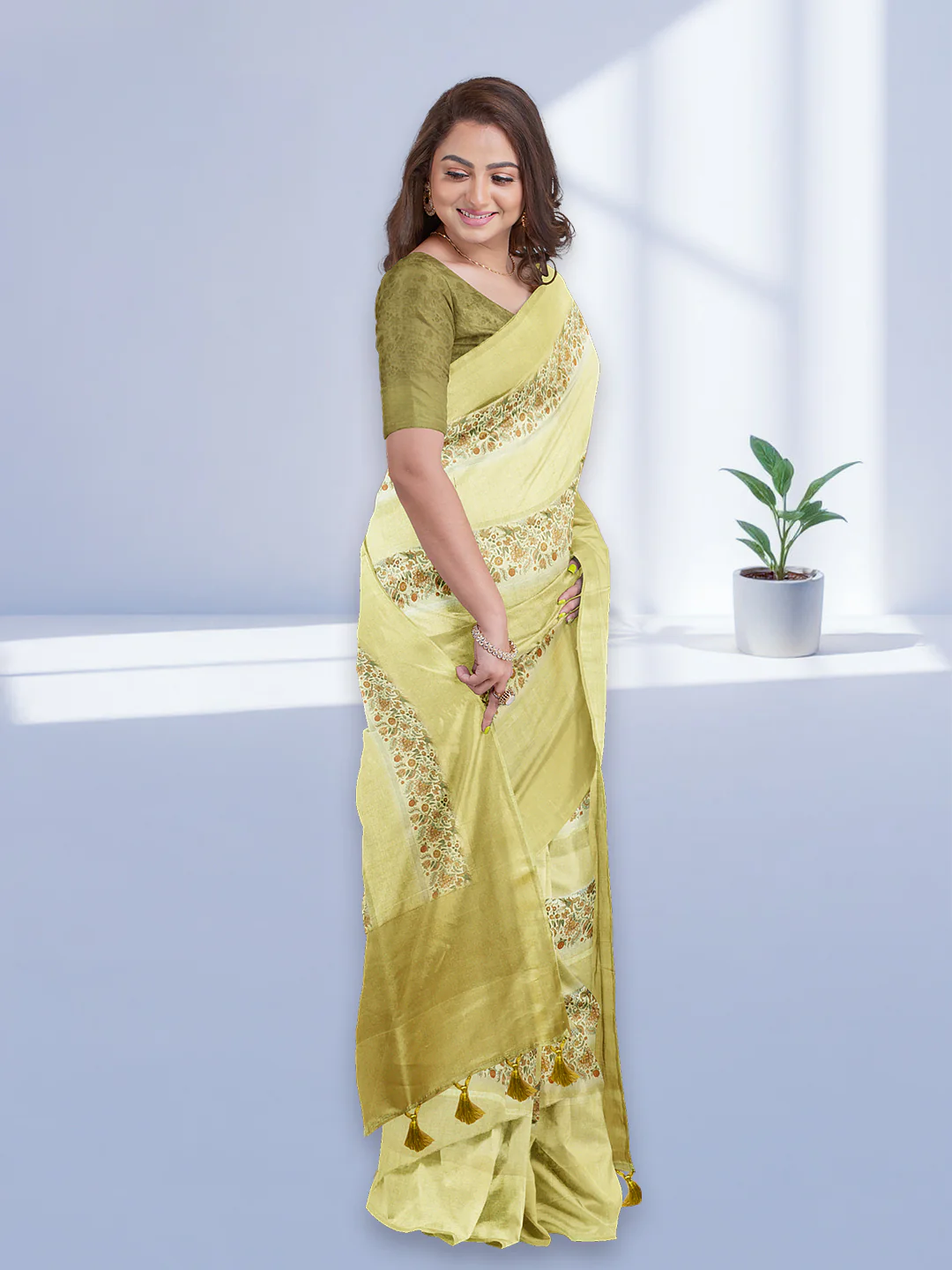 Women Yellow Semi Tussar Printed Saree ST280 - Image 2