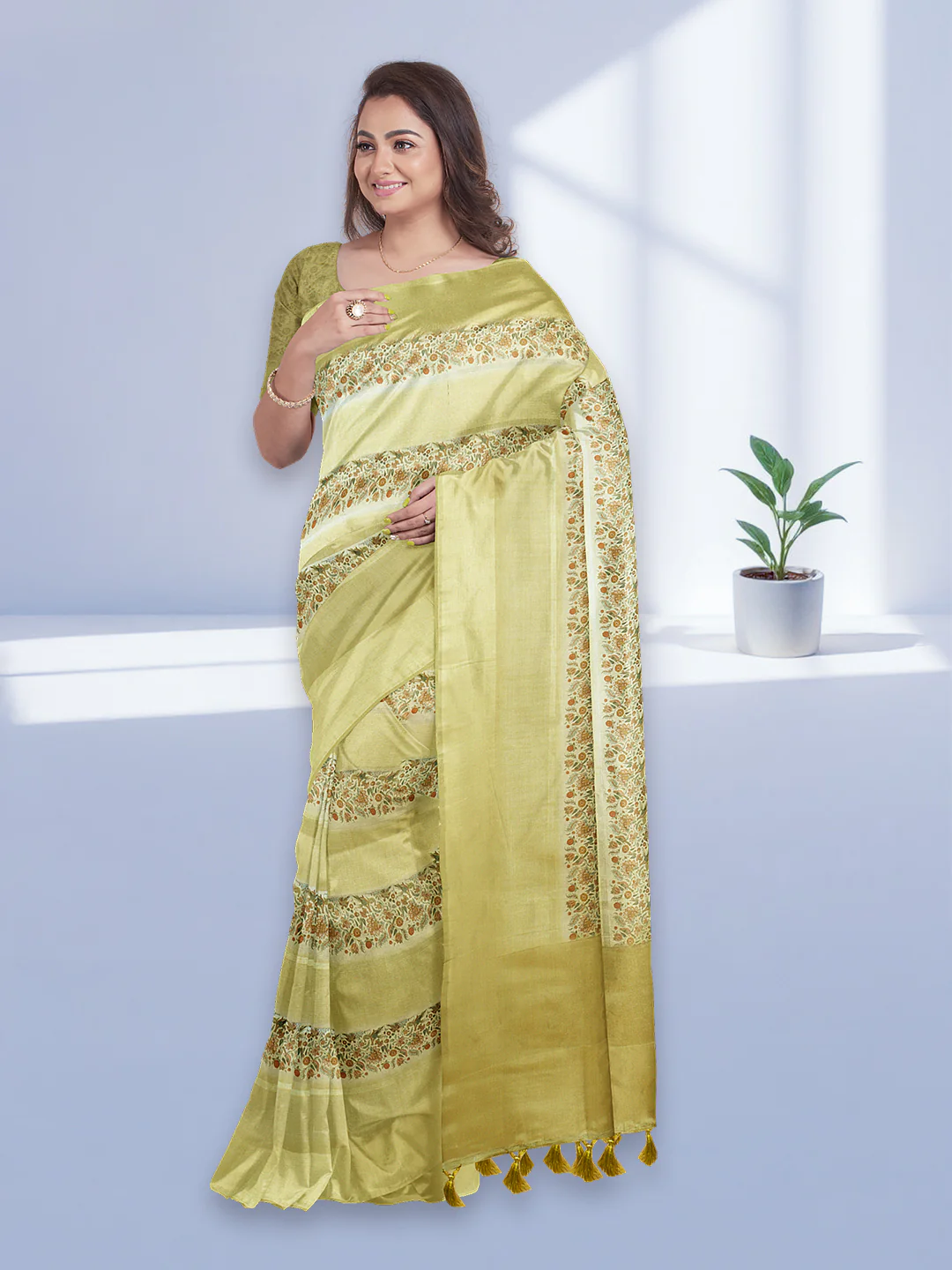 Women Yellow Semi Tussar Printed Saree ST280 - Image 3