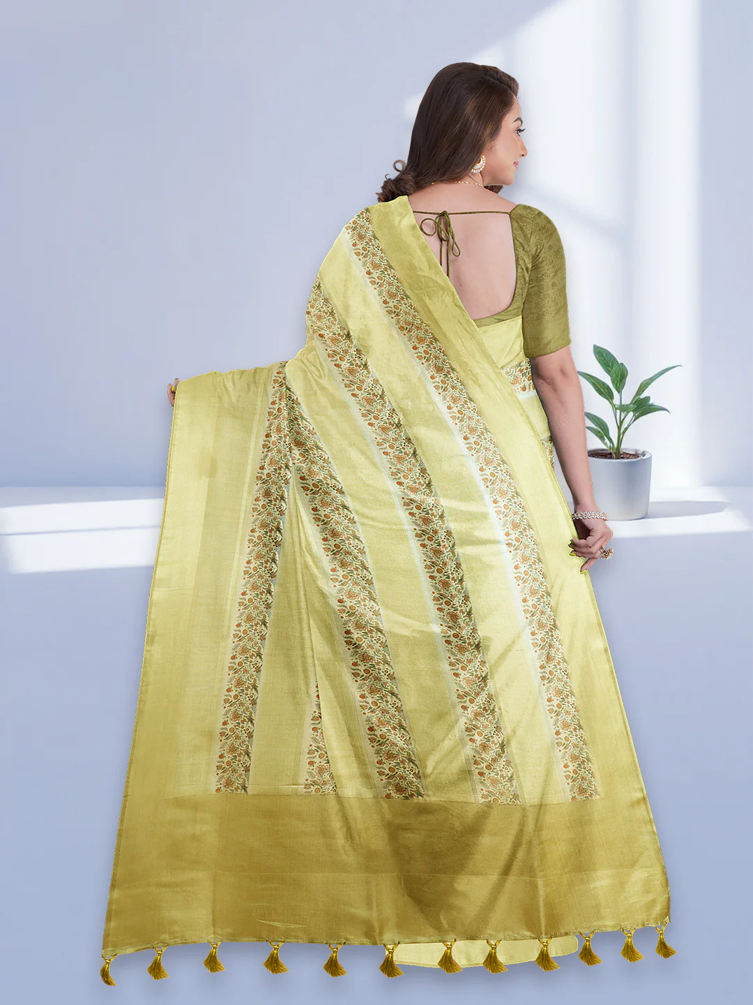 Women Yellow Semi Tussar Printed Saree ST280 - Image 6