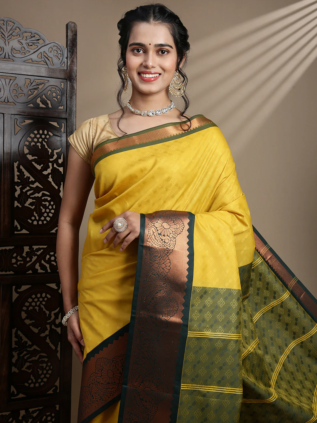 Women Yellow with Green Art Silk Saree ASS115 - Image 2