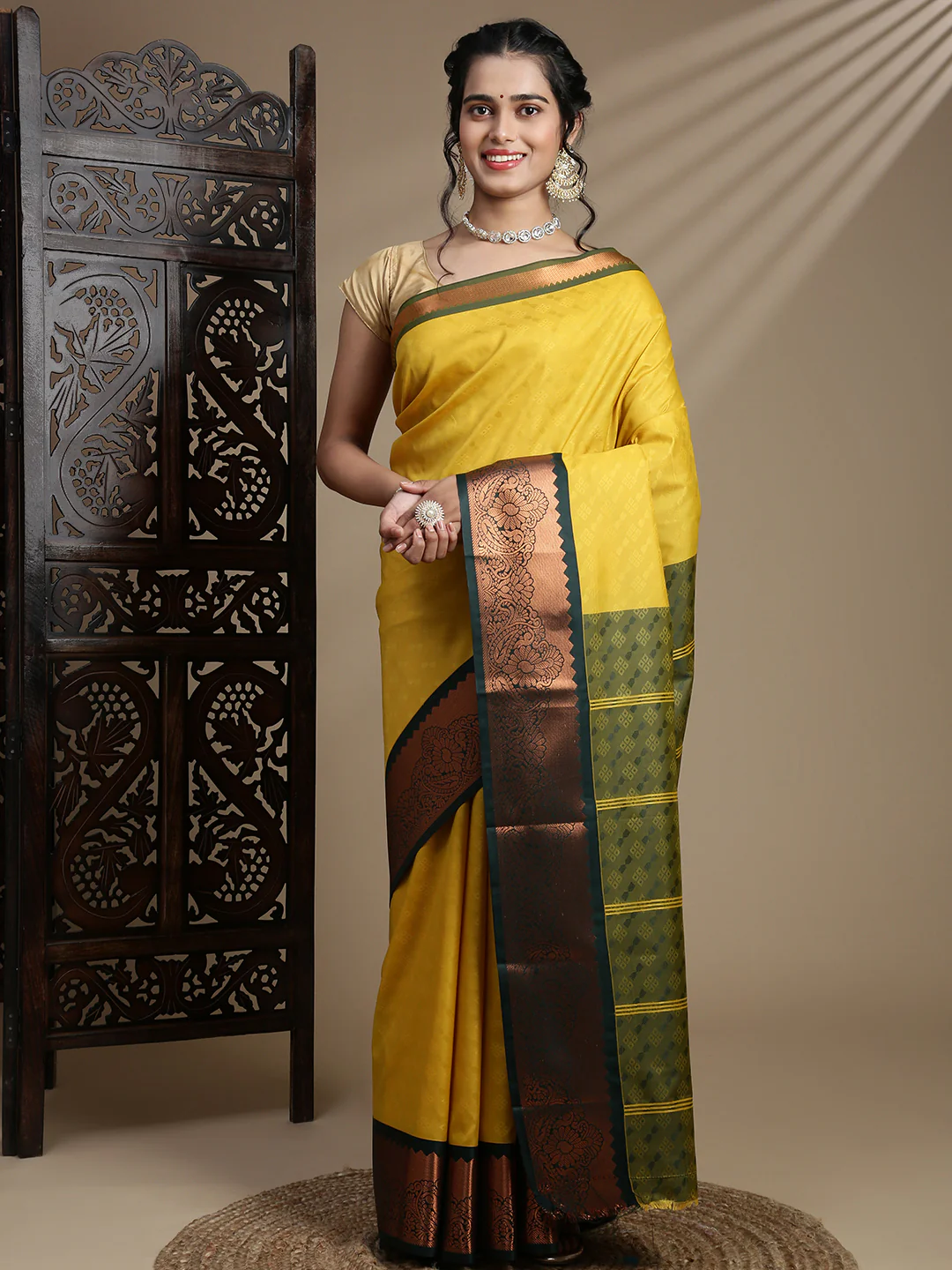 Women Yellow with Green Art Silk Saree ASS115 - Image 3